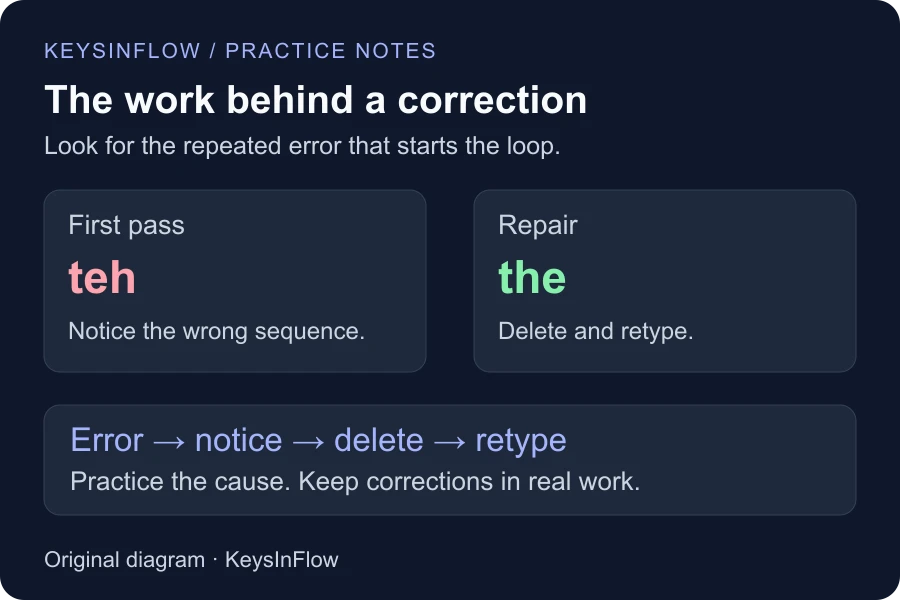 Correction loop: type teh, notice the error, delete it, and retype the.