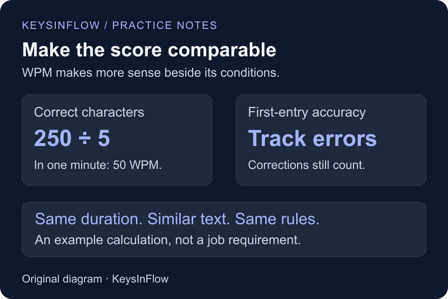 250 correct characters divided by five in one minute equals 50 WPM; compare duration, text, rules, and accuracy.