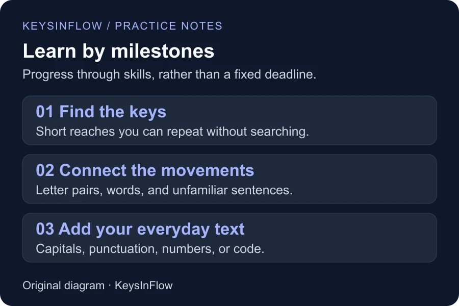 Three practice milestones: find individual keys, connect movements into words, and add everyday text and symbols.