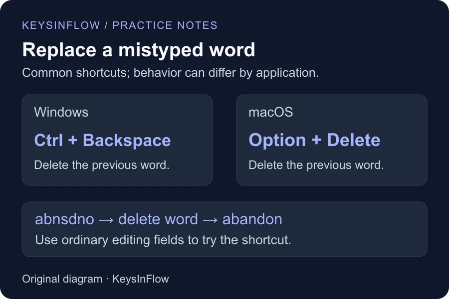 Windows Ctrl plus Backspace and macOS Option plus Delete commonly delete the previous word.
