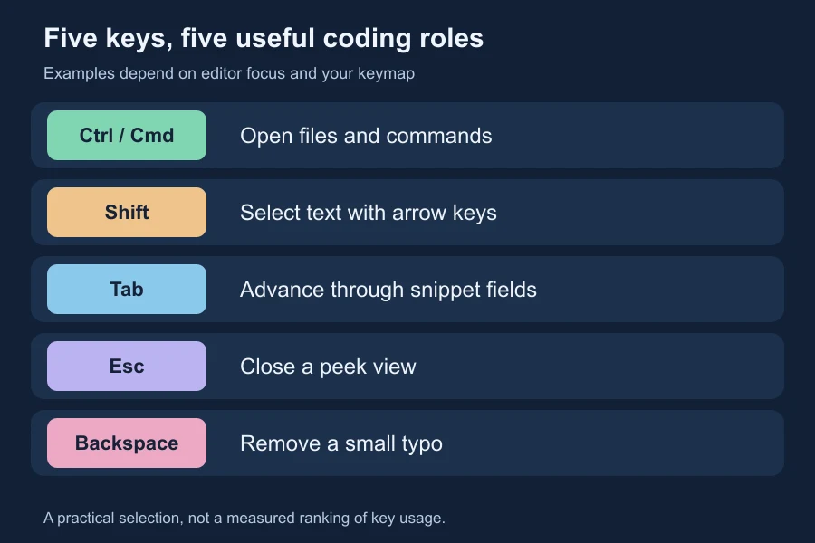 Five useful coding-key roles: Ctrl or Command opens commands, Shift selects, Tab advances snippet fields, Escape dismisses, and Backspace corrects.