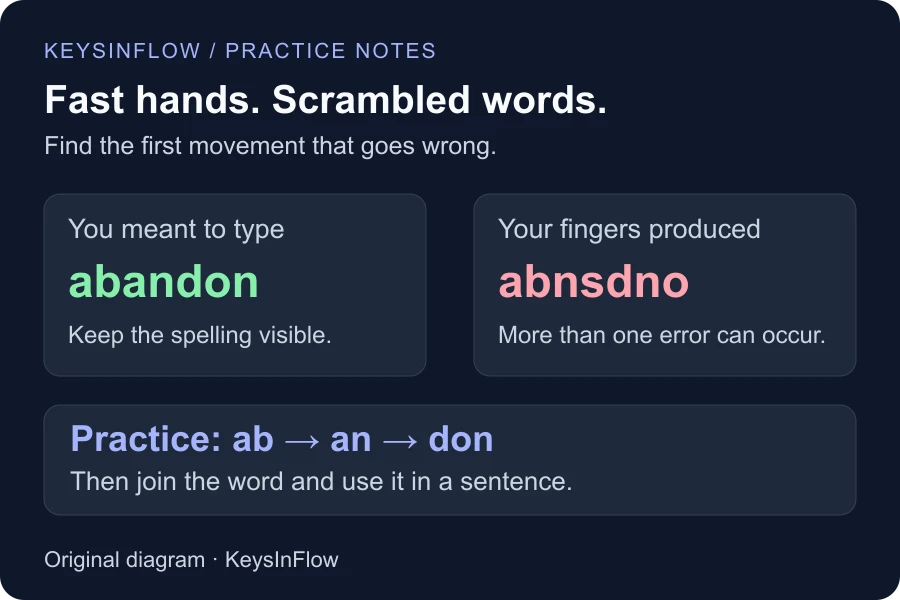 Intended word abandon, mistyped as abnsdno, with a practice sequence of ab, an, and don.