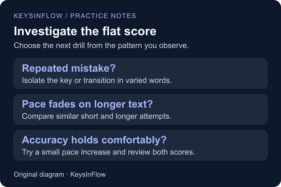 Three plateau checks: recurring errors, pace fading in longer text, and accuracy when pace increases.