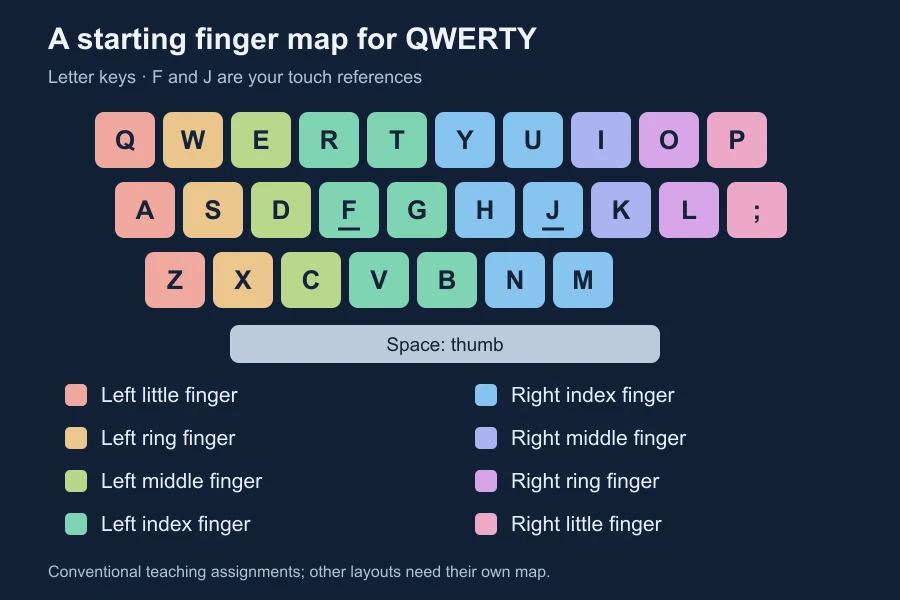 QWERTY letter-key map with eight labelled finger groups. F and J have reference marks; Space is assigned to a thumb.