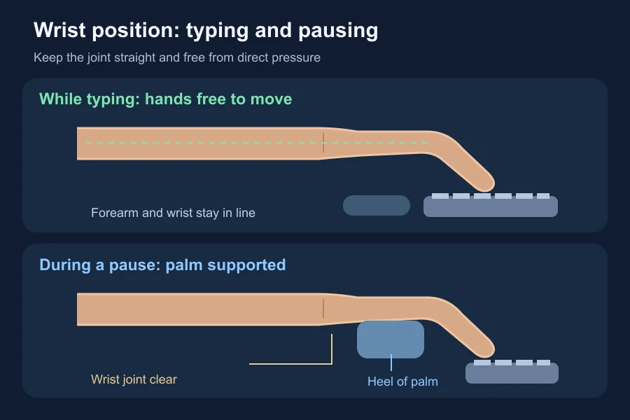 Side-view comparison: a straight wrist with the hand free during typing, and the heel of the palm supported during a pause. The wrist joint stays clear of the support.